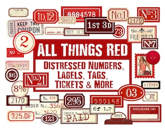 RED Distressed Numbers, Labels, Tickets, Tags, Flashcards, Ephemera, Junk Journal Embellishments, Numbers Digital, Embellishment download