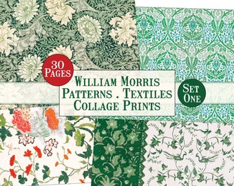 30 Page William Morris Digital Set One Green, Vintage Patterns Digital, Vintage Textiles Digital, Collage Print Digital, Collage Printable