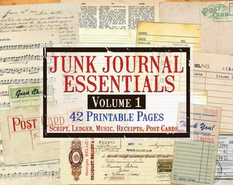 Junk Journal Essentials Volume 1,  Post Cards, Ephemera, Script, Index Cards, Ledger, Music, Digital Ephemera, Printable Ephemera Journal