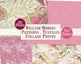 30 Page William Morris Digital Set 3 Pink, Vintage Patterns Digital, Vintage Textiles Digital, Collage Print Digital, Vintage Collage Pink