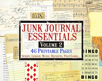 Junk Journal Essentials Volume 2, Cartes postales, Ephemera, Script, Index Cards, Ledger, Music, Digital Ephemera, Printable Ephemera Journal