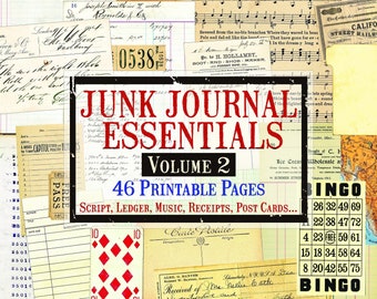 Junk Journal Essentials Volume 2, Cartes postales, Ephemera, Script, Index Cards, Ledger, Music, Digital Ephemera, Printable Ephemera Journal