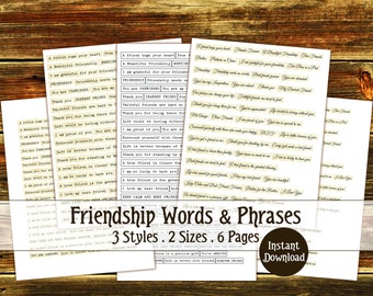 Vriendschap woorden en zinnen, vriendschap digitale, digitale download, Junk Journal versieringen, Journal woorden, Junk Journal woorden vrienden