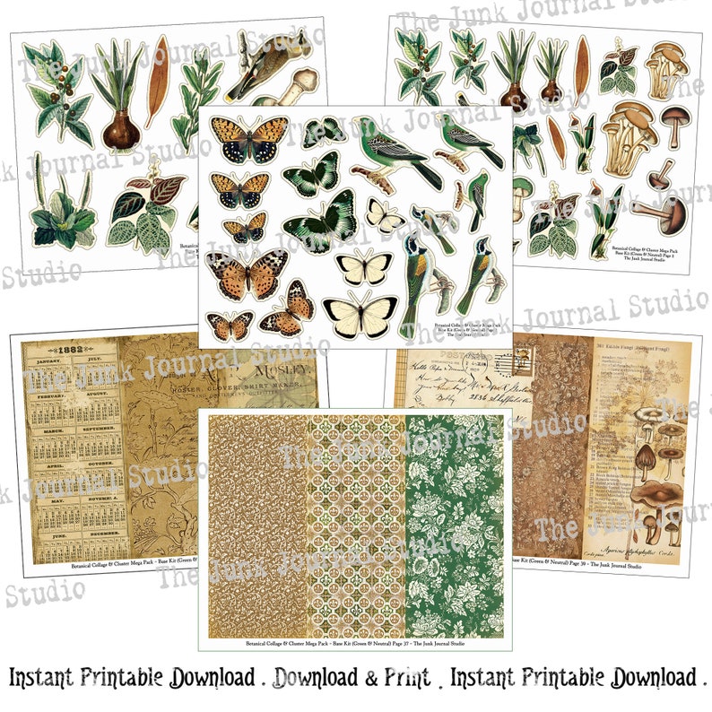 May include: Printable collage sheet with botanical illustrations, including butterflies, mushrooms, flowers, and leaves. The sheet also includes a vintage calendar and patterned paper. The text "The Junk Journal Studio" appears on the sheet.