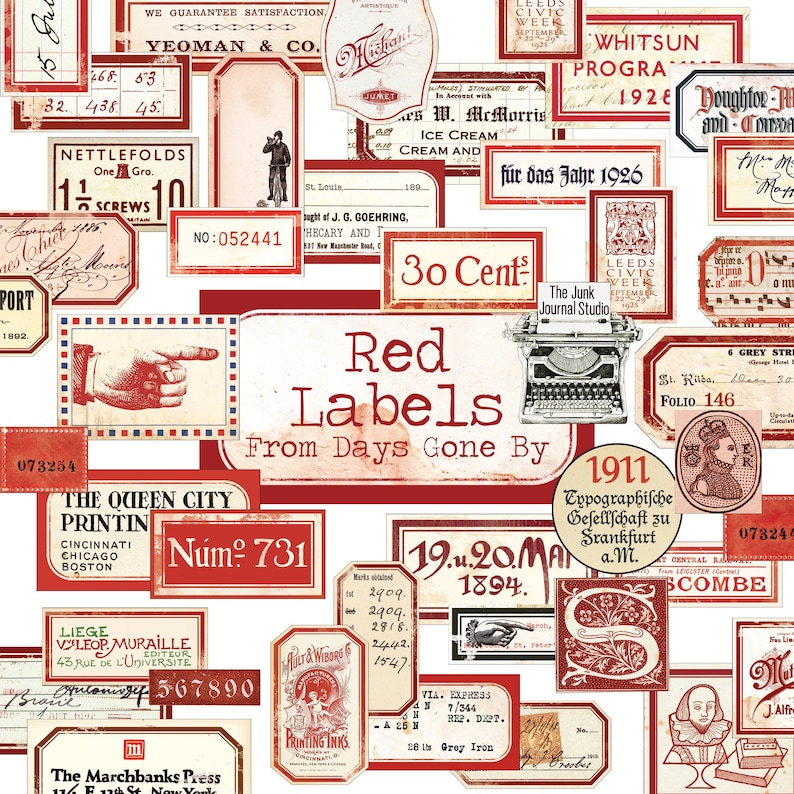 Rode vintage etiketten digitaal, noodlijdende nummers, rode etiketten, ephemera, junk journal versieringen, nummer digitaal, versiering downloaden afbeelding 1