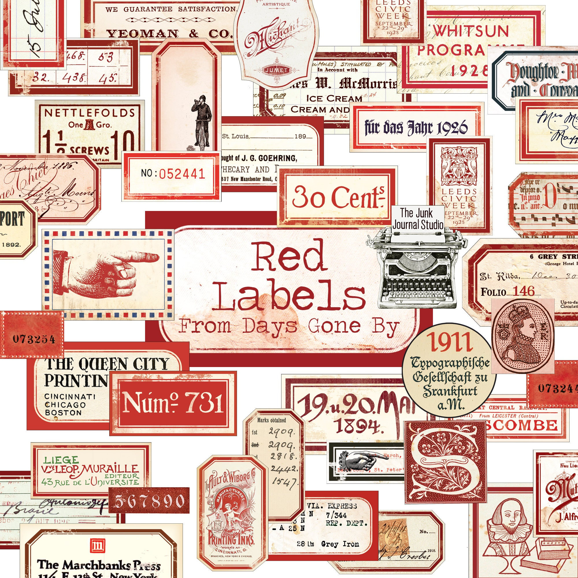 Red Vintage Labels Digital, Distressed Numbers, Red Labels