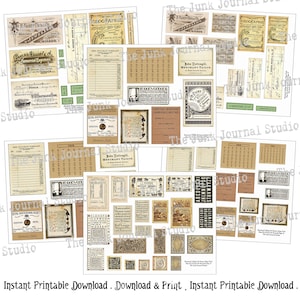 May include: A digital printable sheet of vintage-style labels and ephemera. The sheet features a variety of designs, including labels for a commercial engraving company, a merchant tailor, and a geographic atlas. The sheet also includes several blank labels and a calendar.