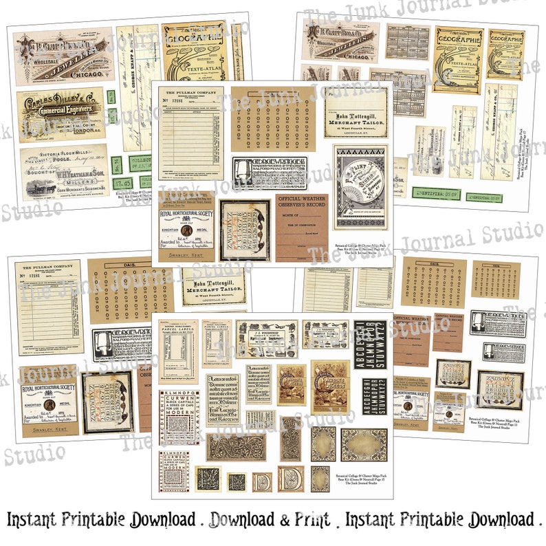 May include: A digital printable sheet of vintage-style labels and ephemera. The sheet features a variety of designs, including labels for a commercial engraving company, a merchant tailor, and a geographic atlas. The sheet also includes several blank labels and a calendar.