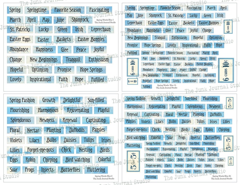 May include: A set of 60 blue and white watercolor-style printable stickers with spring-themed words. The words are arranged in four rows of 15 stickers each. The stickers are perfect for adding a touch of spring to your journals, planners, and other crafts.
