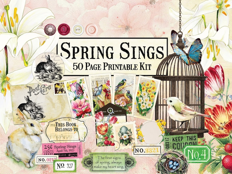 50 Page Spring Sings Digital Kit, Spring Junk Journal Kit, Spring Scrapbook Digital, Spring Digital Kit, Spring Word Labels, Spring Ephemera image 1