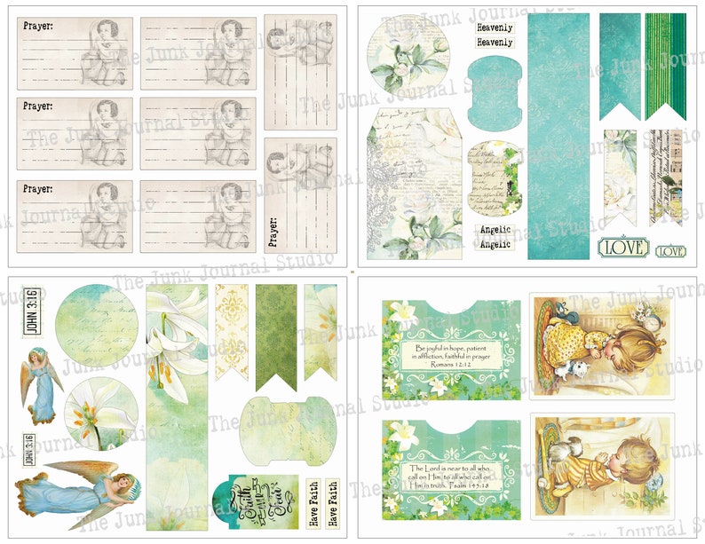 May include: A digital collage sheet with a variety of images, including angels, flowers, and scripture verses. The sheet is designed for use in scrapbooking, card making, and other paper crafts.