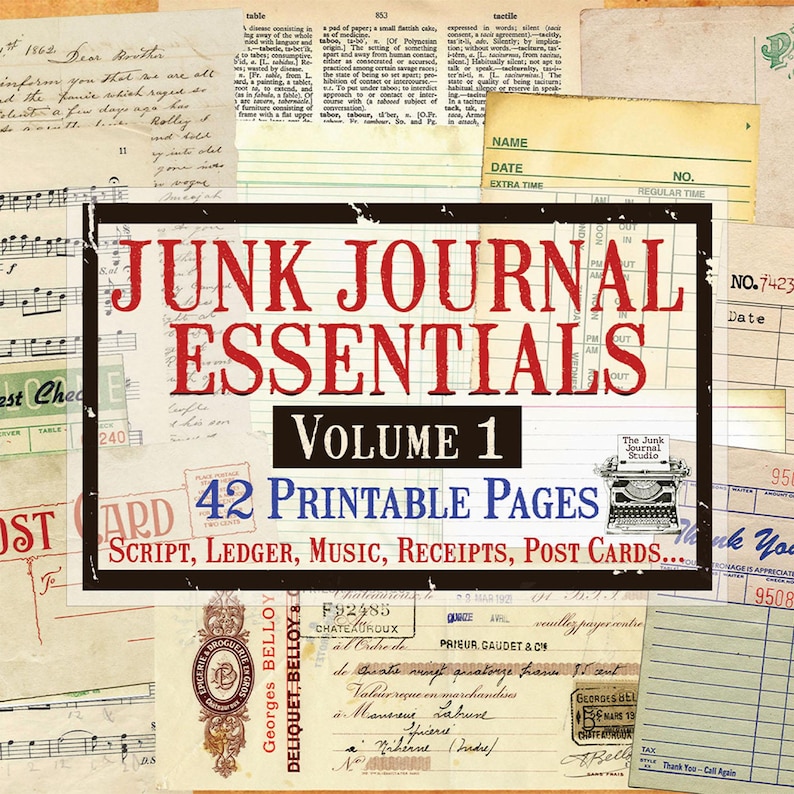 Junk Journal Essentials Vol 1 Printable Kit – Vintage Ephemera, Ledger Pages, Postcards, Music Sheets – The Junk Journal Studio image 1