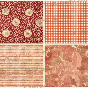 May include: Four digital paper patterns in red, orange, and brown. The patterns include a floral design, a gingham check, a striped pattern, and a leafy design.