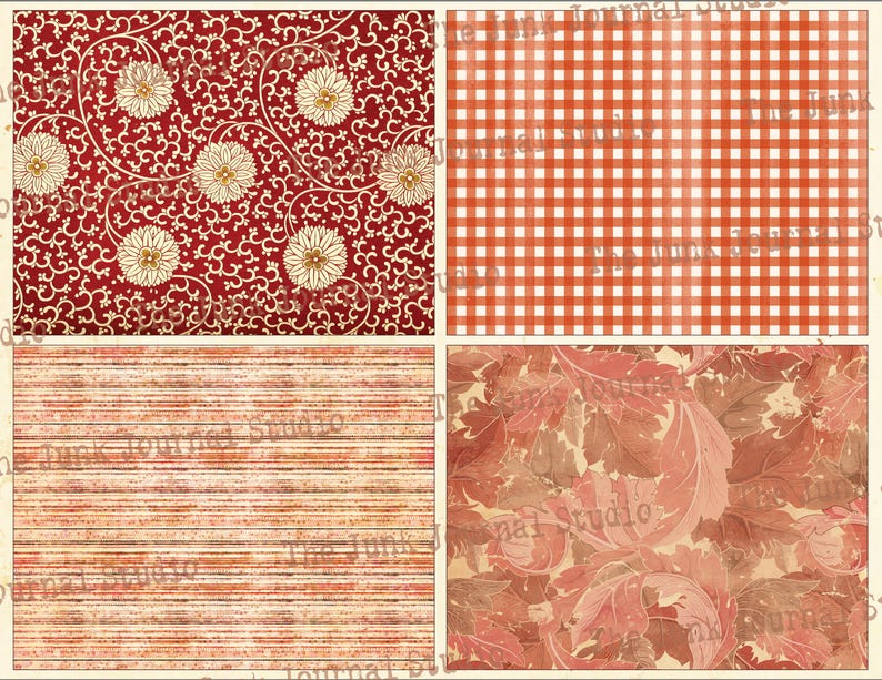 May include: Four digital paper patterns in red, orange, and brown. The patterns include a floral design, a gingham check, a striped pattern, and a leafy design.