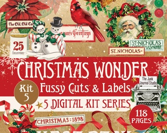 Huge Christmas Wonder Fussy Cuts & Labels Mega Pack, 16 Pages Christmas Fussy Cuts, Christmas Ephemera, Christmas Printable digital