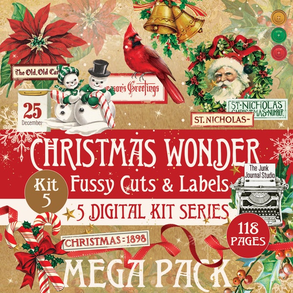 Huge Christmas Wonder Fussy Cuts & Labels Mega Pack, 16 Pages Christmas Fussy Cuts, Christmas Ephemera, Christmas Printable digital