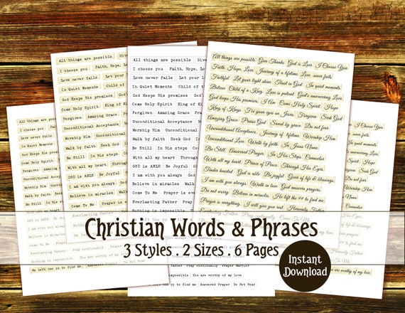 Christian Words and Phrases,  Christian Digital Download, Christian printable, Junk Journal Embellishments, Inspirational Words