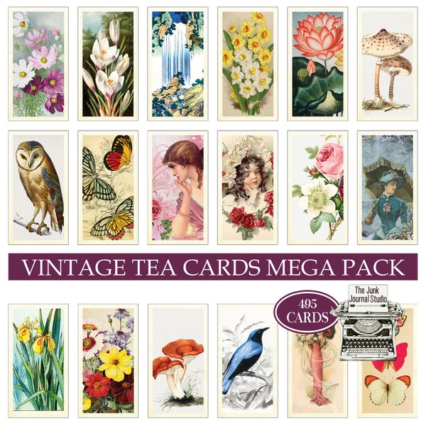 MEGA PACK de cartes de thé, fausses cartes de thé, cartes de thé numériques, cartes de thé vintage, cartes de thé imprimables, floral numérique, cartes de journal indésirable numériques