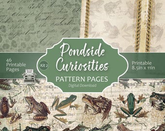 Pondside Curiosities Pattern Pages – Frog Junk Journal Kit, Vintage Botanical Printable Paper, Nature Background, Pond Life Digital Download