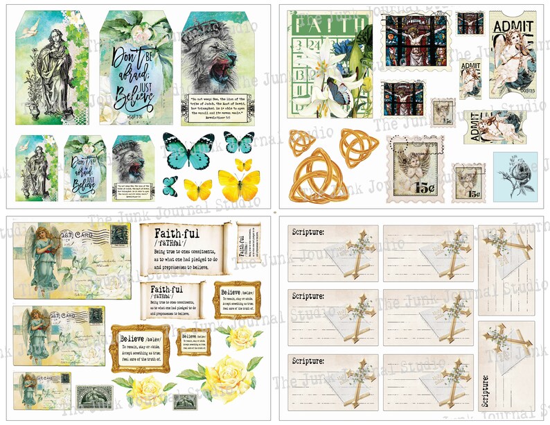 May include: A digital collage sheet with a religious theme. The sheet features images of angels, crosses, butterflies, flowers, and text such as "Don't be afraid, just believe" and "Faithful".