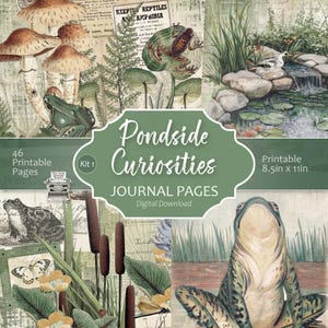 Könnte beinhalten: Ein digitaler Download von druckbaren Journalseiten. Das Design zeigt Illustrationen von Fröschen, Pilzen und Teichpflanzen. Der Text auf dem Bild lautet "Pondside Curiosities Journal Pages" und "Druckbar 21,6 cm x 27,9 cm".