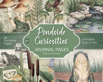 Pondside Curiosities Journal Pages – Frog Junk Journal Kit, Vintage Nature Printable, Botanical Paper, Pond Life Digital, Scrapbook Pages