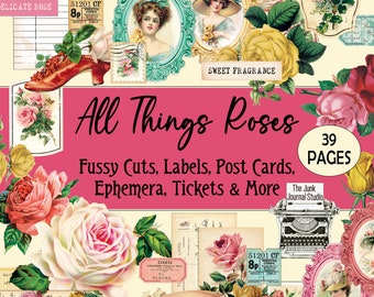 ENORME rozen 39 pagina's digitaal, alle dingen rozen, ADD-ON aan dagboekpagina's, Rose Fussy Cuts, Rose Ephemera, Rose Labels, Rose Junk Journal Kit,