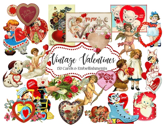150 Pc. vintage Valentines Cards and Embellishments, Valentines Printable,  Valentines Digital, Valentines Journal Digital, Valentines Kit 