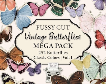Butterfly Fussy Cuts Mega Pack Vol. 1 Classic Colors | 252 Vintage Butterflies | Junk Journal Supplies | Digital Download