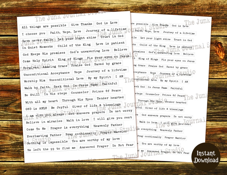 May include: A white sheet of paper with black text printed on it. The text is in the form of inspirational quotes and phrases. The quotes are arranged in a grid pattern. The paper is on a wooden surface.