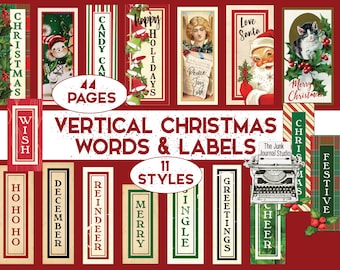 Parole e etichette di Natale verticali, parole di Natale digitali, parole di Natale stampabili, etichette di Natale, effimeri di Natale digitali