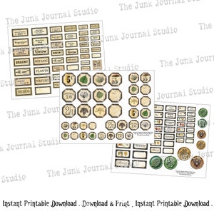 May include: A set of printable vintage botanical labels with various designs and text, including "Grow", "Urgent", "Botanic", "Plants", "Nature", "Specimens", "Hope Grows", "1/6", "2/11", "5c", and "Geography".
