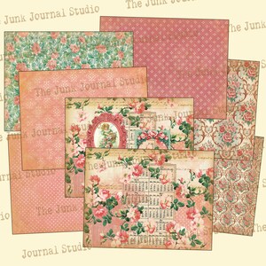 May include: A set of eight digital papers featuring a pink and green floral pattern with a vintage aesthetic. The papers are perfect for scrapbooking, card making, and other paper crafts.