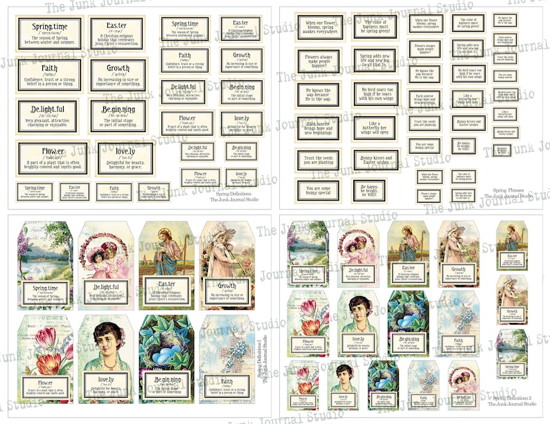 May include: A set of printable vintage-style tags with spring and Easter themes. The tags feature images of flowers, birds, and religious symbols. The text on the tags includes words like "Springtime", "Easter", "Faith", "Growth", "Delightful", "Beginning", "Flower", and "Lovely".