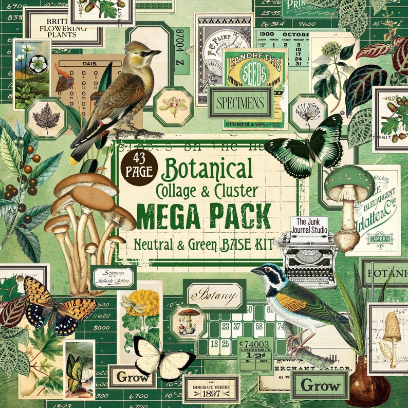 May include: A digital collage sheet with a green and neutral color scheme featuring botanical illustrations, including birds, butterflies, mushrooms, and flowers. The sheet includes the text "Botanical Collage & Cluster Mega Pack Neutral & Green Base Kit".