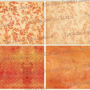 May include: Four digital paper designs in a fall color palette. The designs include a pattern of orange and yellow leaves, a damask pattern in orange and yellow, and two abstract watercolor designs in orange and yellow.