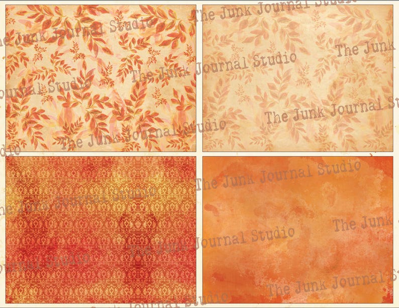 May include: Four digital paper designs in a fall color palette. The designs include a pattern of orange and yellow leaves, a damask pattern in orange and yellow, and two abstract watercolor designs in orange and yellow.