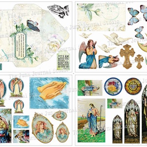 May include: A digital collage sheet with images of angels, doves, stained glass windows, crosses, and hands in prayer. The images are in a vintage style and are perfect for scrapbooking, card making, or other craft projects.