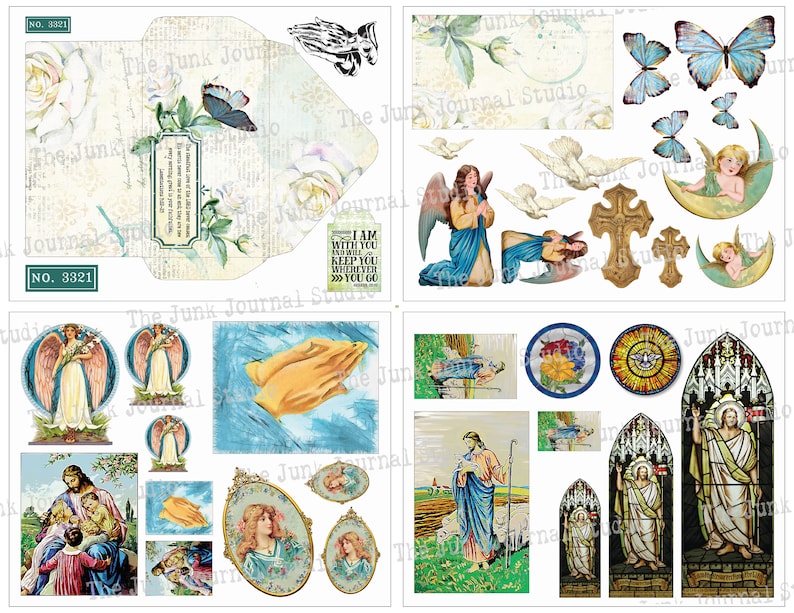 May include: A digital collage sheet with images of angels, doves, stained glass windows, crosses, and hands in prayer. The images are in a vintage style and are perfect for scrapbooking, card making, or other craft projects.