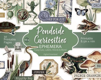 Pondside Curiosities Fussy Cuts & Labels – Frog Junk Journal Kit, Vintage Botanical Printable, Words, Embellishments, Pond Life Digital