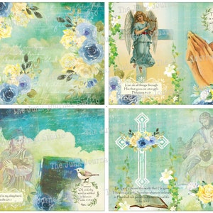 May include: A collage of four images with a religious theme. The images feature a cross, an angel, praying hands, and a shepherd with a lamb. The images are set against a background of blue and green watercolor washes with floral accents. The text "The Lord is near to all who call on Him" is included in the top right image. The text "I can do all things through Him that gives me strength" is included in the top right image. The text "The Lord is my shepherd" is included in the bottom left image. The text "For ever O Lord thy word is settled in heaven" is included in the bottom left image. The text "Love I have loved you, so that I have given a precept for you, that you love one another, as I have loved you.  In this you shall not perish but have eternal life" is included in the bottom right image.