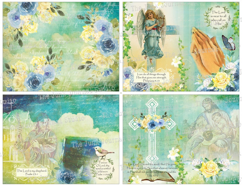 May include: A collage of four images with a religious theme. The images feature a cross, an angel, praying hands, and a shepherd with a lamb. The images are set against a background of blue and green watercolor washes with floral accents. The text "The Lord is near to all who call on Him" is included in the top right image. The text "I can do all things through Him that gives me strength" is included in the top right image. The text "The Lord is my shepherd" is included in the bottom left image. The text "For ever O Lord thy word is settled in heaven" is included in the bottom left image. The text "Love I have loved you, so that I have given a precept for you, that you love one another, as I have loved you.  In this you shall not perish but have eternal life" is included in the bottom right image.