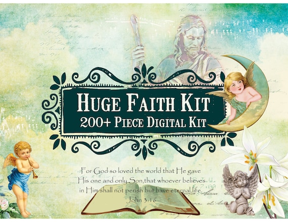 HUGE 200 piece Faith Digital Kit, Printable Download, Ephemera, Christian Collage, Faith Junk Journal Kit, Christian Digital Download,