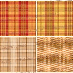 May include: Four digital paper patterns in a digital download. The patterns are a red and orange plaid, a yellow and orange plaid, a brown and beige plaid, and a brown wicker pattern.