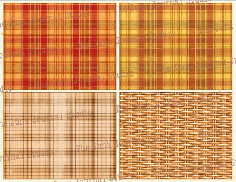 May include: Four digital paper patterns in a digital download. The patterns are a red and orange plaid, a yellow and orange plaid, a brown and beige plaid, and a brown wicker pattern.