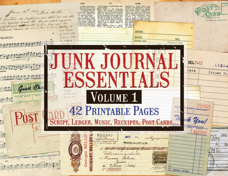 Junk Journal Essentials Volume 1,  Post Cards, Ephemera, Script, Index Cards, Ledger, Music, Digital Ephemera, Printable Ephemera Journal 