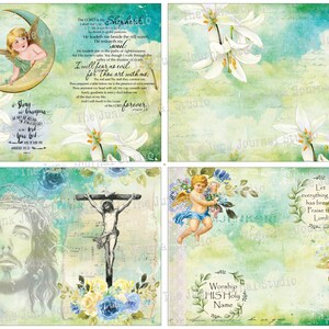 May include: A digital collage with a religious theme. The image features a blue and green background with white flowers, a cherub holding a moon, a cross with a figure of Jesus, and a crown of thorns. The text in the image includes verses from the Bible, such as "The Lord is my Shepherd" and "Let everything that has breath praise the Lord."