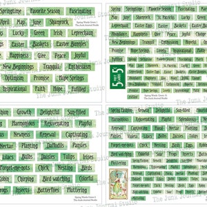May include: A set of 55 green and white printable cards with spring-themed words. The cards feature a variety of words related to spring, such as "springtime", "favorite season", "fascinating", "march", "april", "may", "june", "shamrock", "st. patricks", "lucky", "green", "irish", "leprechaun", "easter eggs", "easter baskets", "easter bunnies", "abundance", "happiness", "glee", "peace", "joyful", "change", "new beginnings", "tranquil", "enthusiasm", "hopeful", "optimism", "promise", "hope springs", "lovely", "inspirational", "faith", "hope", "fulfilled", "spring fashion", "growth", "delightful", "sun-filled", "flourishing", "harmonious", "rejuvenating", "playful", "splendorous", "newness", "renewal", "captivating", "floral", "nectar", "planting", "daffodils", "pansies", "violets", "lilacs", "bulbs", "daisies", "tulips", "irises", "lilies", "forget-me-nots", "chick", "nesting", "birds", "eggs", "robin", "chirping", "bird watching", "colorful", "soar", "frogs", "insects", "butterflies", "fluttering".