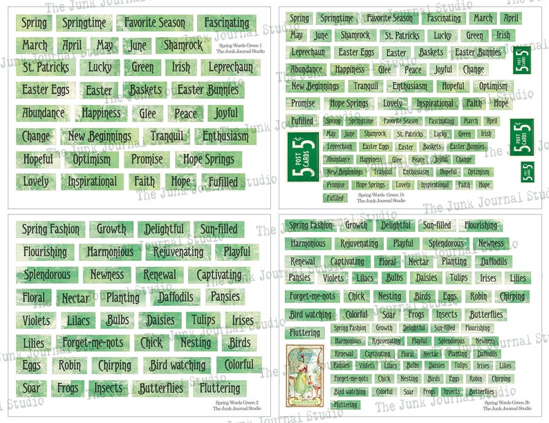 May include: A set of 55 green and white printable cards with spring-themed words. The cards feature a variety of words related to spring, such as "springtime", "favorite season", "fascinating", "march", "april", "may", "june", "shamrock", "st. patricks", "lucky", "green", "irish", "leprechaun", "easter eggs", "easter baskets", "easter bunnies", "abundance", "happiness", "glee", "peace", "joyful", "change", "new beginnings", "tranquil", "enthusiasm", "hopeful", "optimism", "promise", "hope springs", "lovely", "inspirational", "faith", "hope", "fulfilled", "spring fashion", "growth", "delightful", "sun-filled", "flourishing", "harmonious", "rejuvenating", "playful", "splendorous", "newness", "renewal", "captivating", "floral", "nectar", "planting", "daffodils", "pansies", "violets", "lilacs", "bulbs", "daisies", "tulips", "irises", "lilies", "forget-me-nots", "chick", "nesting", "birds", "eggs", "robin", "chirping", "bird watching", "colorful", "soar", "frogs", "insects", "butterflies", "fluttering".