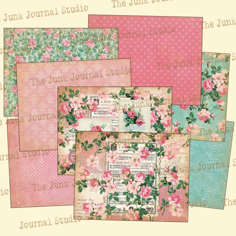 May include: A set of 10 digital papers featuring a vintage floral design with pink roses, green leaves, and a light blue background. The papers include text such as "A Rose Fro" and "The Junk Journal Studio".